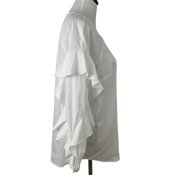 Splendid White Round Neck Button-Placket Ruffle-Sleeve Poplin Shirt Womens Large - Picture 3 of 11